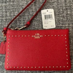 COACH (New With Tag) Red Texured Leather Small Wristlet w/ mini Gold Studs